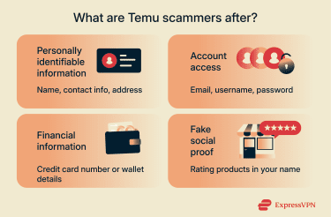 Infographic showing what scammers on Temu are after, including personally identifiable information and financial information.