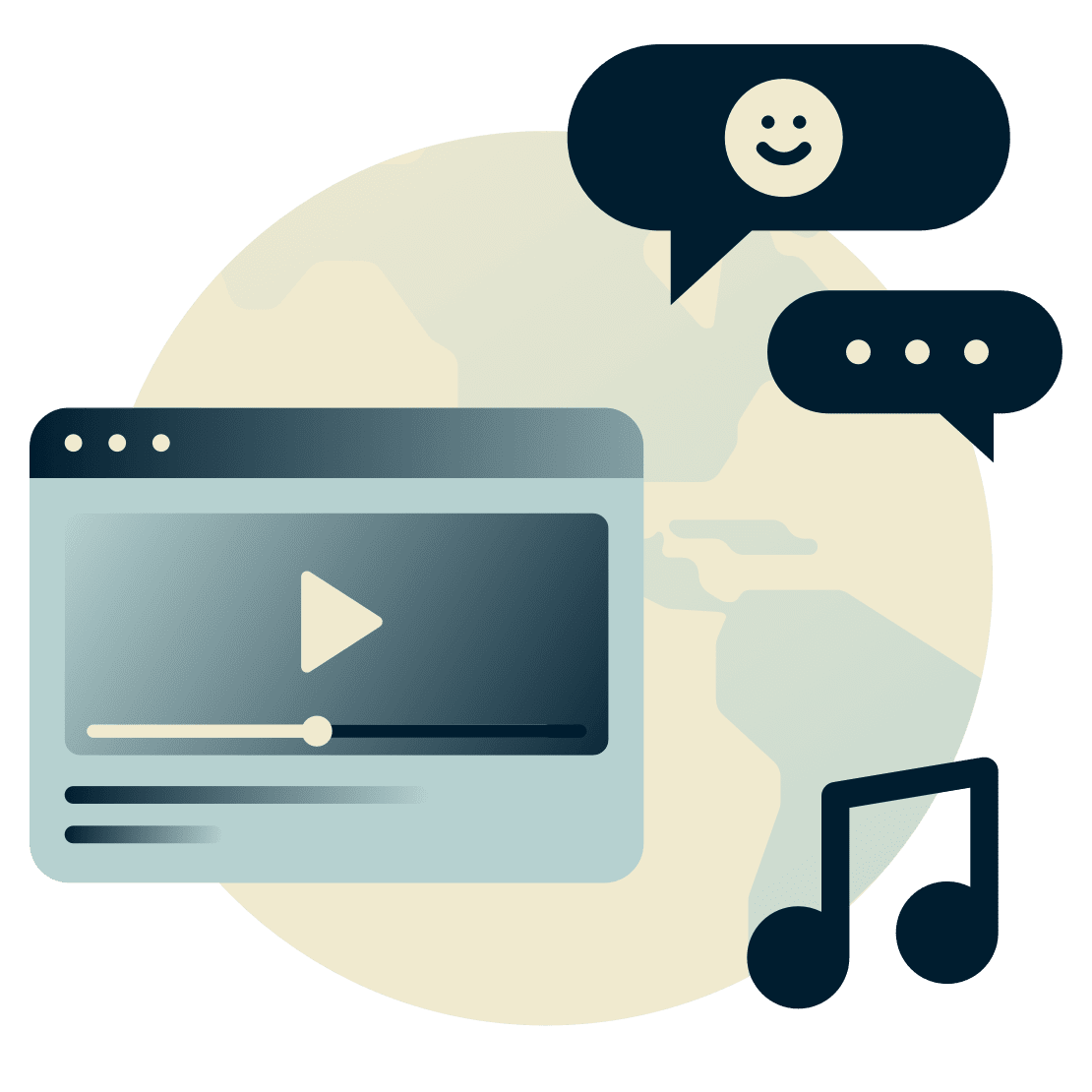 Globe met videospeler, muziek en chat. 