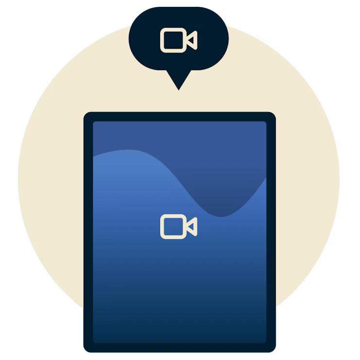 Videochat op een telefoon: Tablet met een video-icoon met daarboven een tekstballon met een video-icoon.