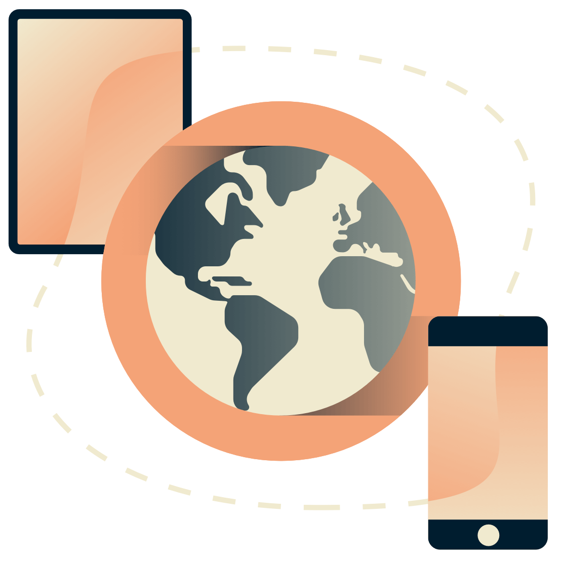 Tableta y teléfono rodeando un globo terráqueo.