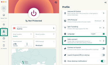 The auto-connect option in the Profile tab in the ExpressVPN macOS app.
