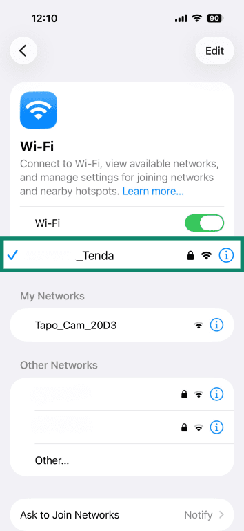 iPhone Wi-Fi settings screen, showing how to view active connection details.