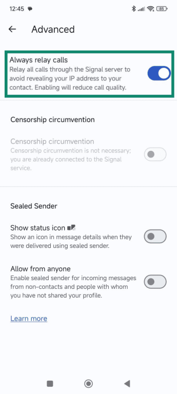 Enable the Always relay calls setting under the Advanced menu.