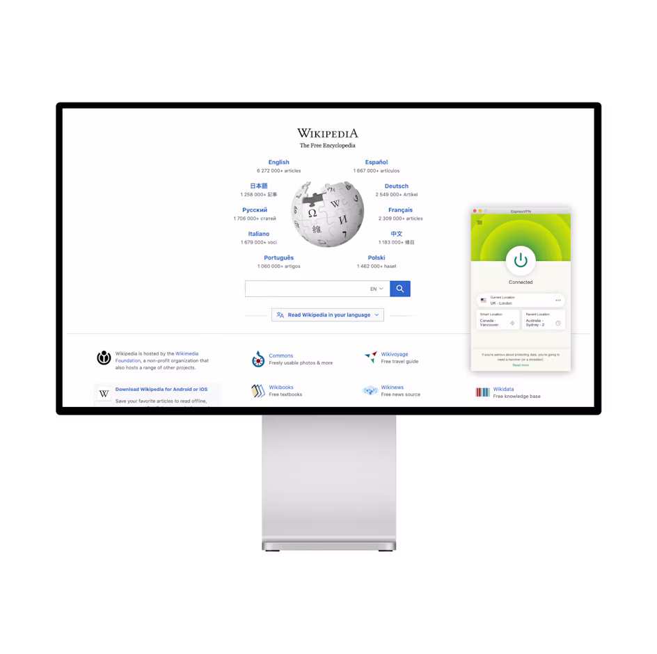 Wikipedia-Homepage und VPN.