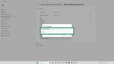 Screenshot of edit IP settings option in Windows