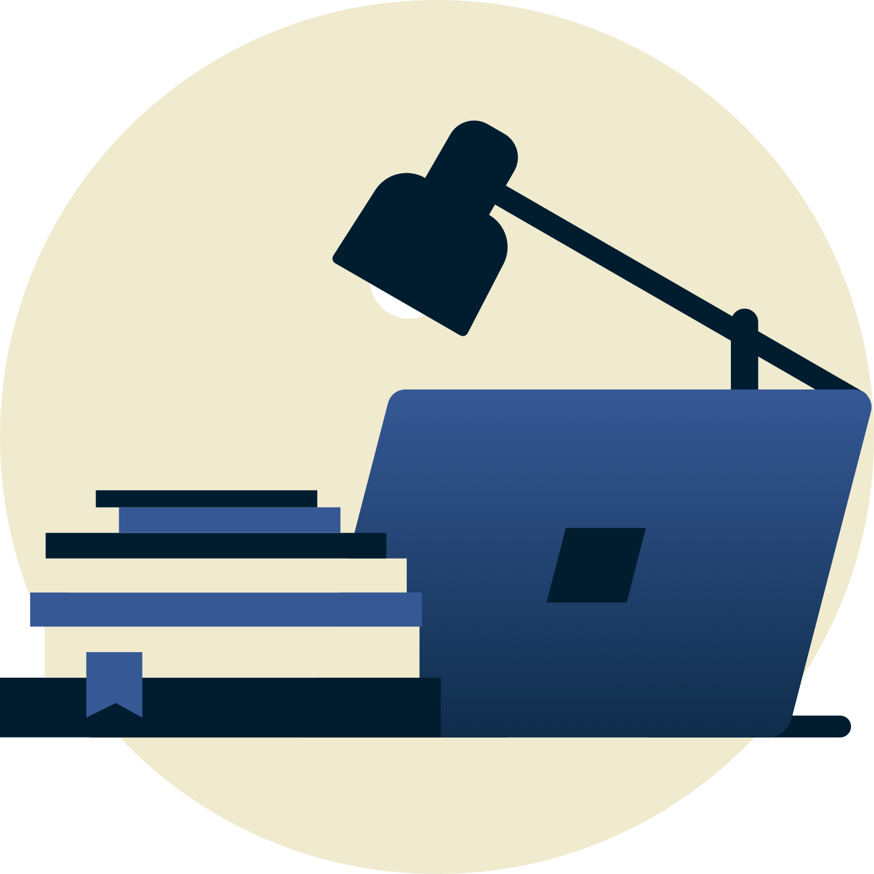 Lampada sopra i libri di scuola e computer portatile rivolto verso l'esterno.