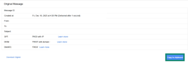Gmail original message, showing details like Message ID, SPF, DKIM, and DMARC.