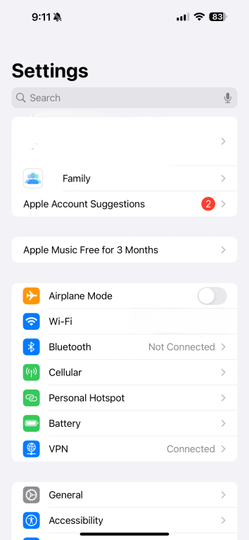 iOS Settings screen.