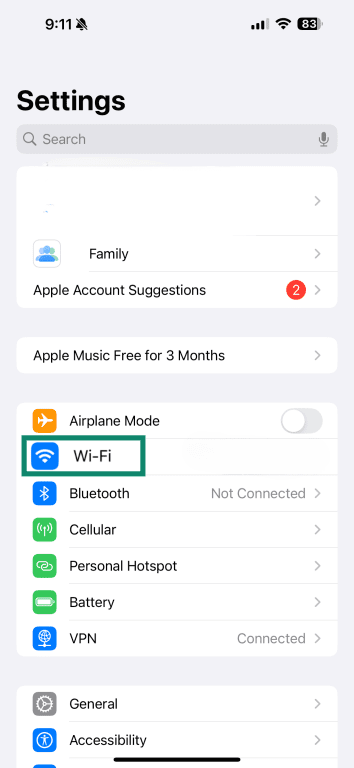 iOS Settings screen with Wi-Fi highlighted.
