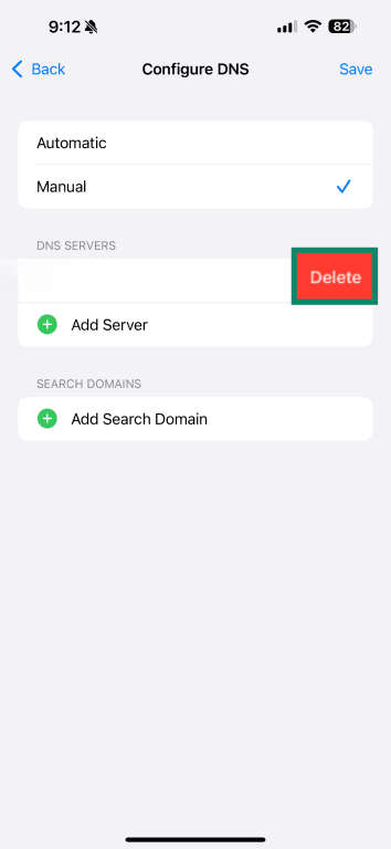 iOS Configure DNS screen with Delete highlighted.