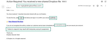 Dropbox shared file scam email with red flags highlighted.
