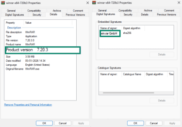 WinRAR installer properties menus highlighting product version and publisher signature