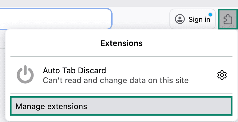 Firefox extension menu, with the "Manage extensions" option highlighted.