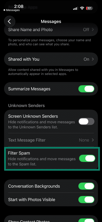 iPhone Messages settings screen with Filter Spam turned on.