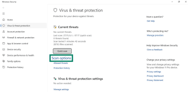 Windows Virus & threat protection settings window with Scan options button highlighted.