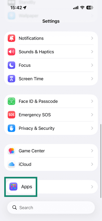 'Apps' option highlighted in the iPhone settings.