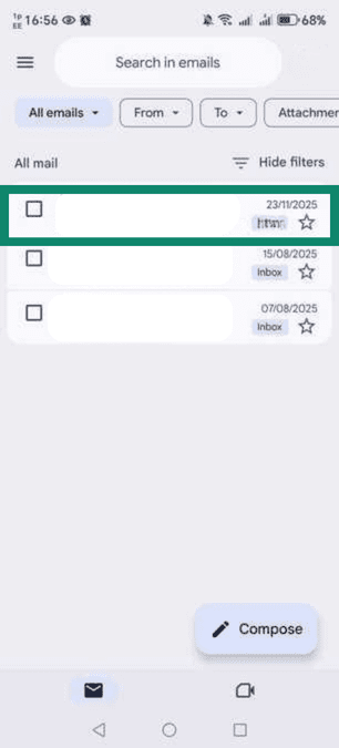 Gmail's Android app with an email highlighted