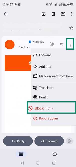 Gmail's Android app with an email open, highlighting the "Block 'sender" option in a menu