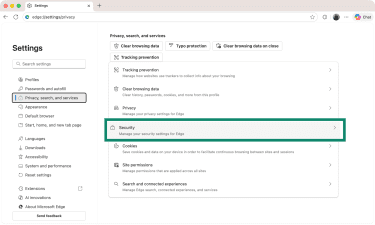 The Security menu item in Edge's options, where you can fine-tune privacy, search, and services.