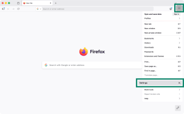 Firefox for macOS with the main menu open.