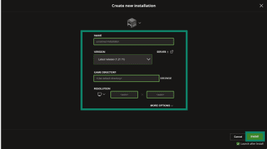 The "Create new installation" page in the Minecraft launcher, highlighting the fields required to create a new installation and the "Install" button at the bottom.