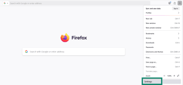 The Firefox menu is open and Settings is highlighted.