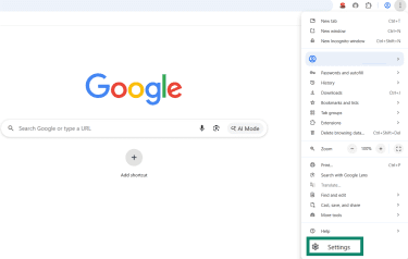 The Chrome menu is open and the Settings option is highlighted.