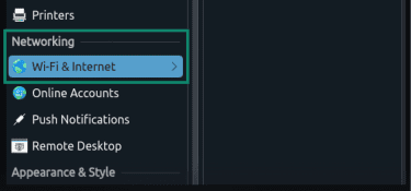 Linux's Settings panel with the Wi-Fi and Internet option highlighted.