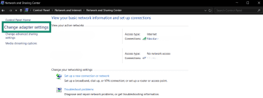 The Change Adapter Settings link highlighted within Windows' Control Panel.