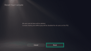 The "Reset Your Console" page on a PlayStation 5. The "Reset" button is highlighted.