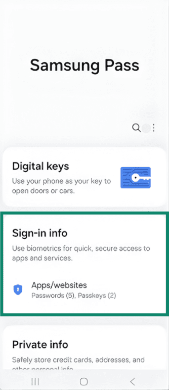 Samsung Android device with Samsung Pass open and Sign-in info highlighted