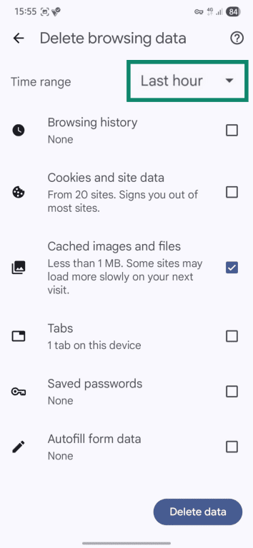 Selecting a time range to delete browser cache.