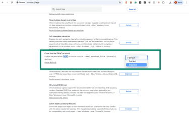 Image showing how to disable QUIC protocol on Chrome