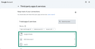 The Third-party apps & Services window within Google Account settings, showing associated apps.