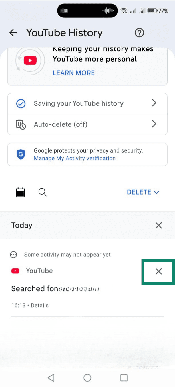 YouTube History app settings open with individual search delete