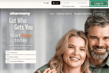 "Log in" button highlighted on the eHarmony site.