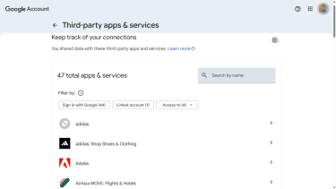 Google account dashboard Third-party apps & services interface with list of connected services.