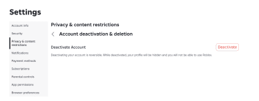 Roblox settings page showing the account deactivation option