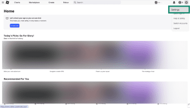 Roblox home page with Settings option highlighted in account menu.
