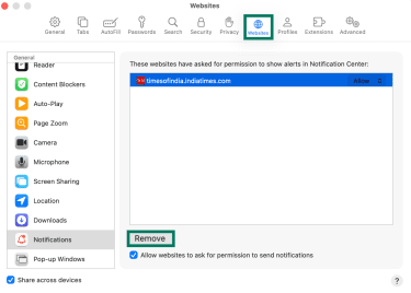 Safari Settings Websites tab with Notifications selected and site permission list showing Remove button