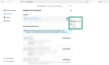 Firefox Add-ons Manager with extension Remove option