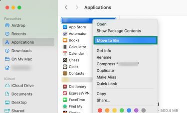 Finder window with the option to move an app to the bin highlighted