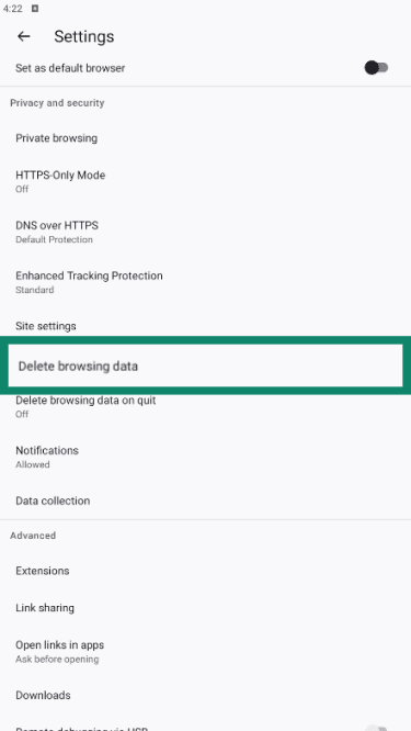 Firefox on Android in Settings with Delete browsing data highlighted