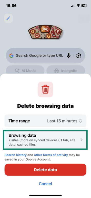 Google Chrome on iOS with Delete browsing data options open and Browsing data choice highlighted