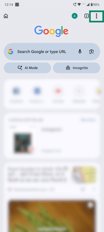 The Google Chrome app on Android, highlighting the three-line menu.
