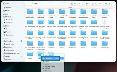 The Caches folder on macOS showing the user right-clicking on the Steam folder to move it to the Trash.