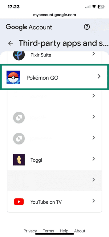 Google account third-party apps list with Pokémon GO highlighted
