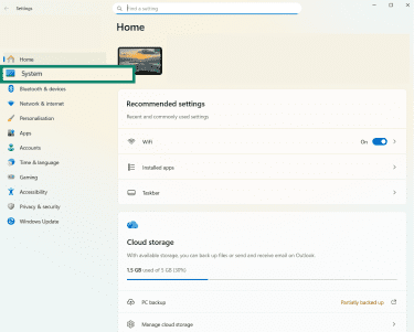 The Windows Settings app, showing the System menu option.