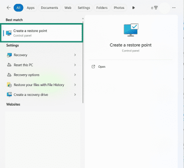 The Windows Start menu, showing the option to create a restore point.