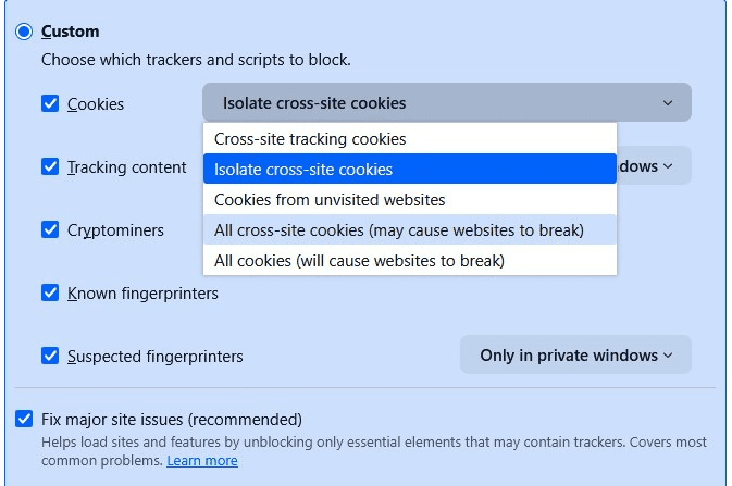 Firefox browser Enhanced Tracking Protection Custom settings showing the Cookies dropdown menu.